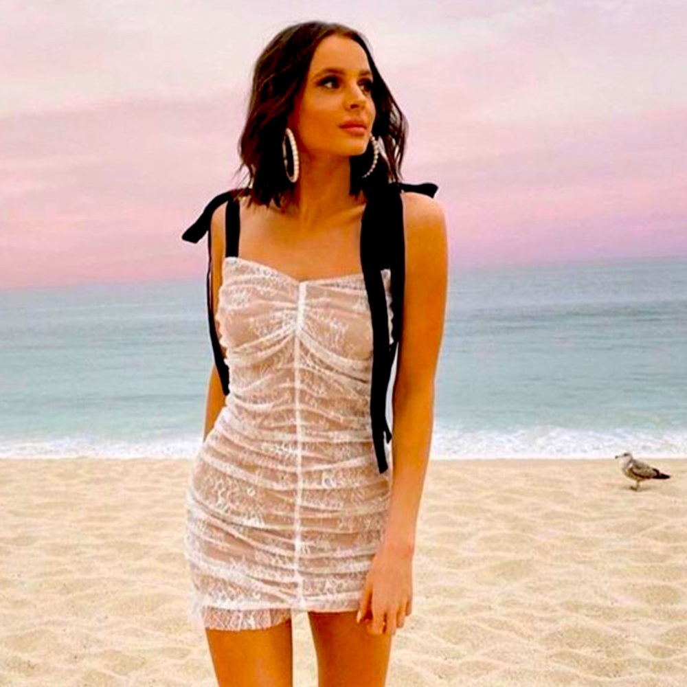 White lace rushing mini dress